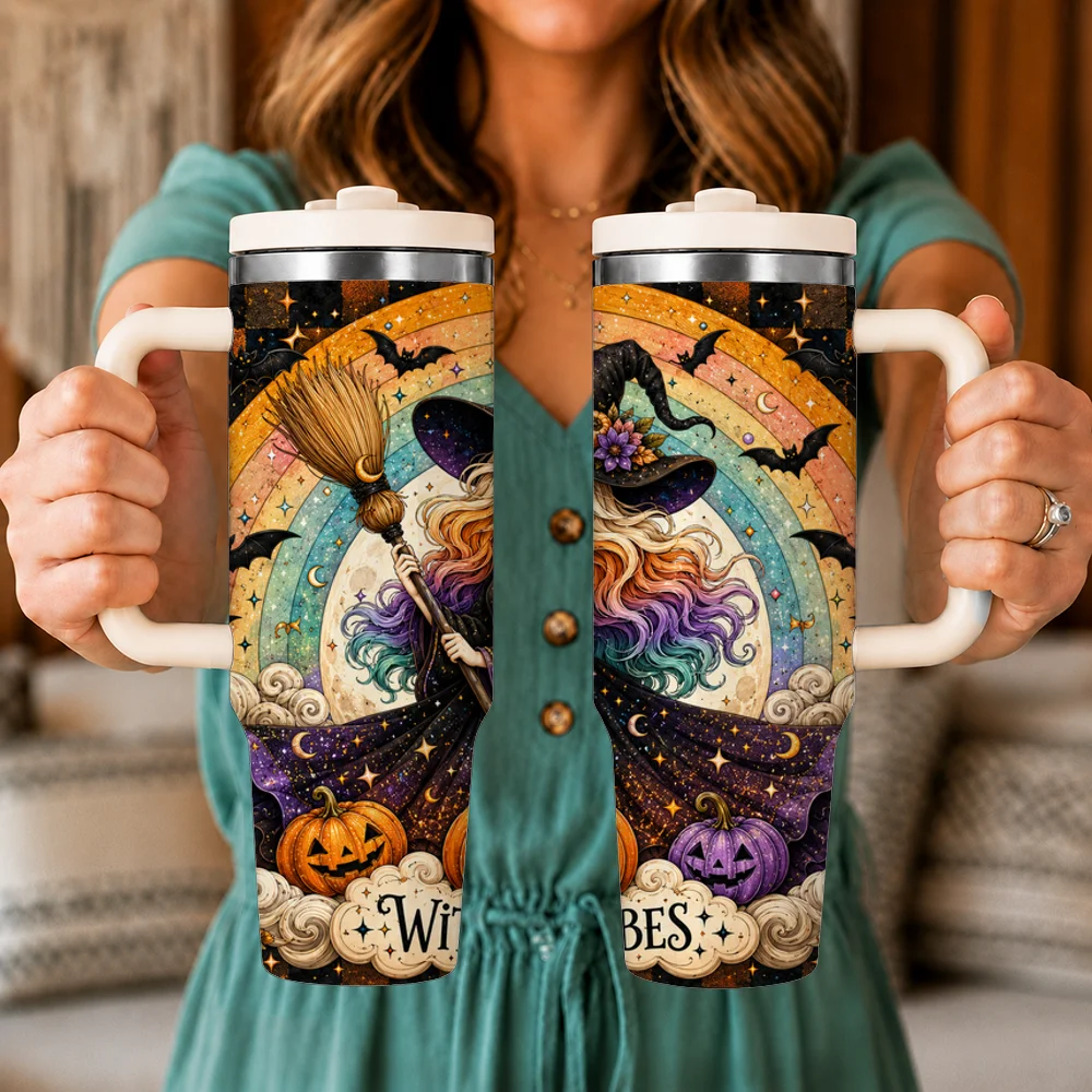 Retro Halloween Witch Vacuum Flasks 40oz Leakproof Insulated Tumbler with Handle Straw Lid, Stainless Steel Travel Cup