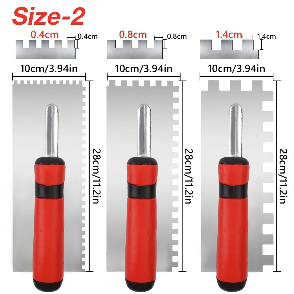 6PCS Square Groove Trowel Set Stainless Steel Bricklaying Tools For Mortar Spreading Plastering Wall Floor Scraping Red Handle