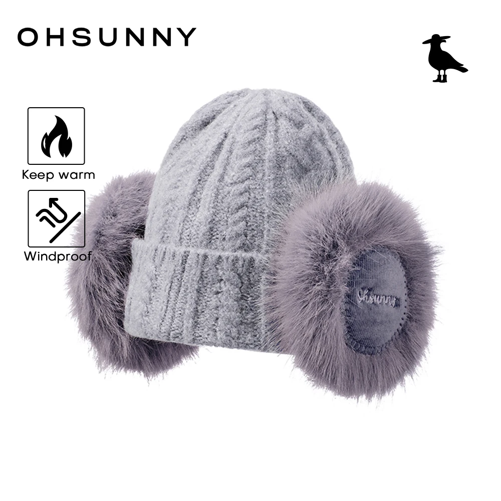 

OHSUNNY Winter Bonnet Hat Women's Knit Thick Warm Caps with Faux Fur Earmuffs，Outdoor Cold Weather Windproof Beanies Hats