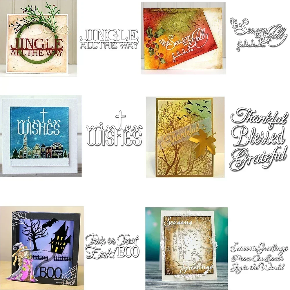 Weihnachtsgrüße Metall-Stanzformen Halloween Dankbar Gesegnet Worte zum Ausstanzschneiden für DIY Scrapbooking Karten Basteln