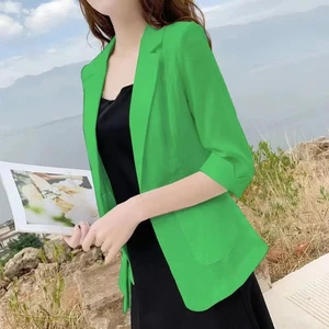 Small thin linen suit for women, sunscreen, casual blazers, cotton coat, Korean tops-en, 5xl, 2024 8 Main sales blazer linen - №5