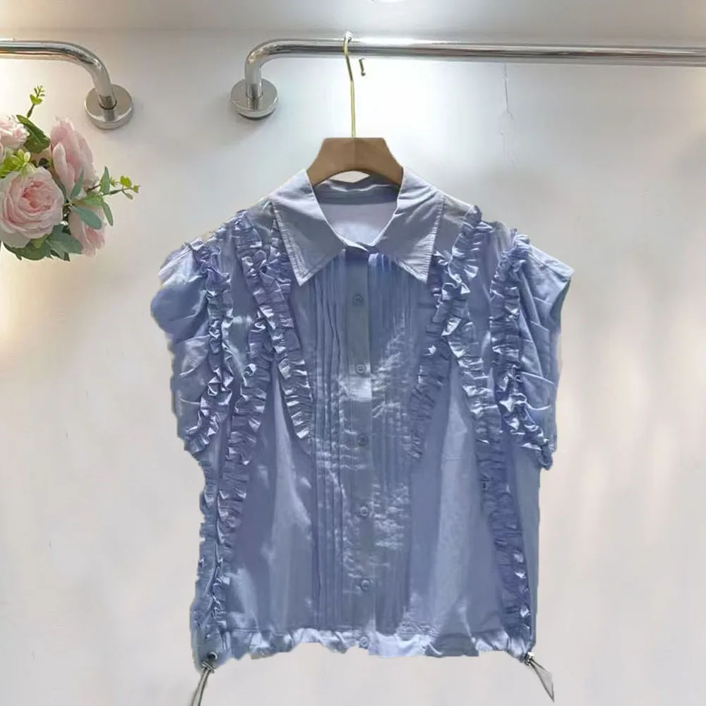 Fashionable Heavyweight Shoulder Pad Shirt Collar Sleeveless Women's Elastic Cuff Trendy Versatile Top Cotton Commute Style