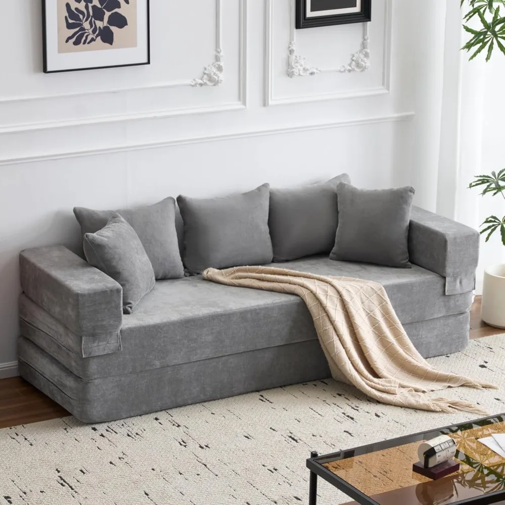 Queen Size 4-in-1 Convertible Sofa Bed - Chenille Fold out Sleeper Couch with Armrest And Pillows - Floor Chaise Lounge
