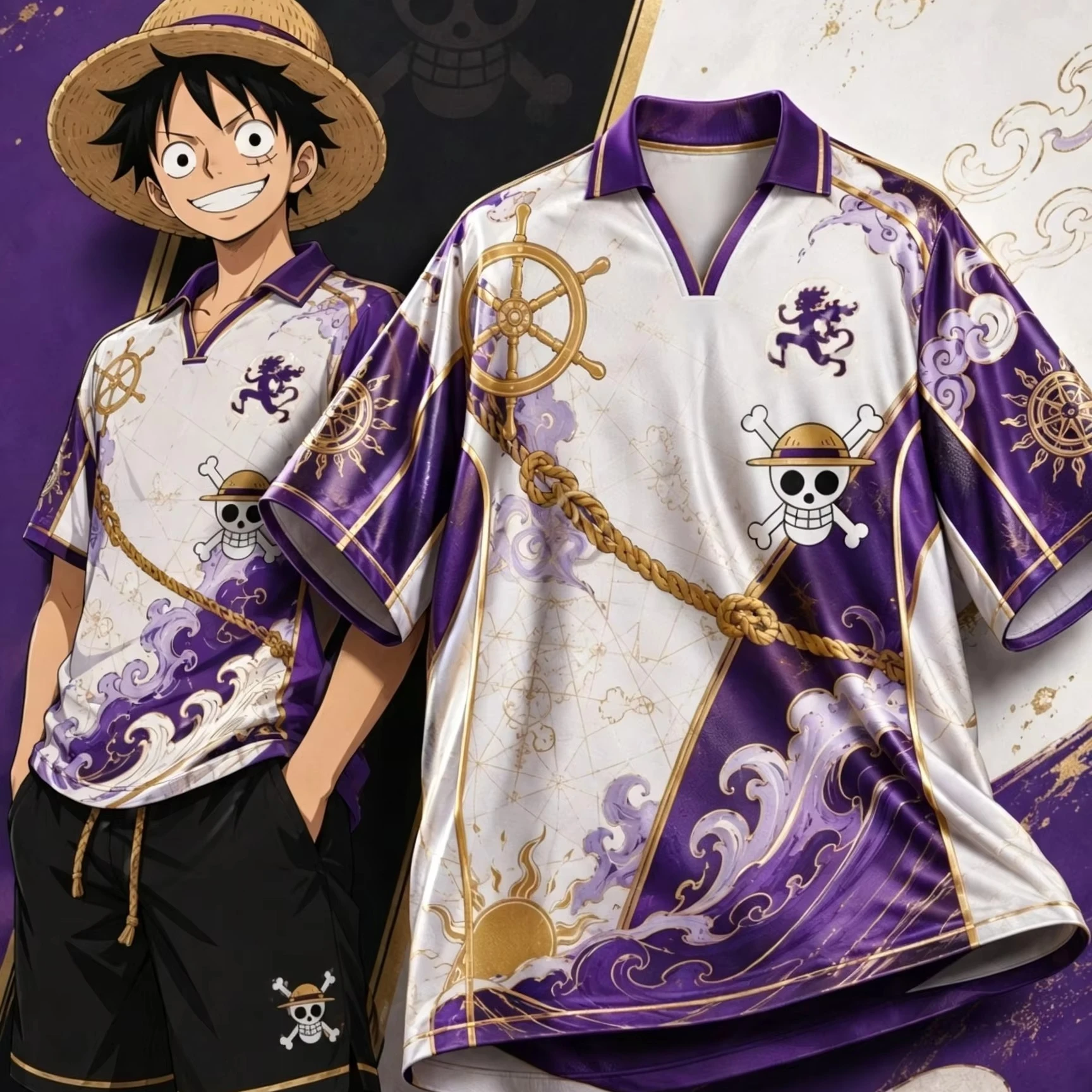 2026 One Piece Luffy Series Collared Soccer Jersey, Fashion Street Unisex Anime Sports Short Sleeve Family Matching Polo T-shirt