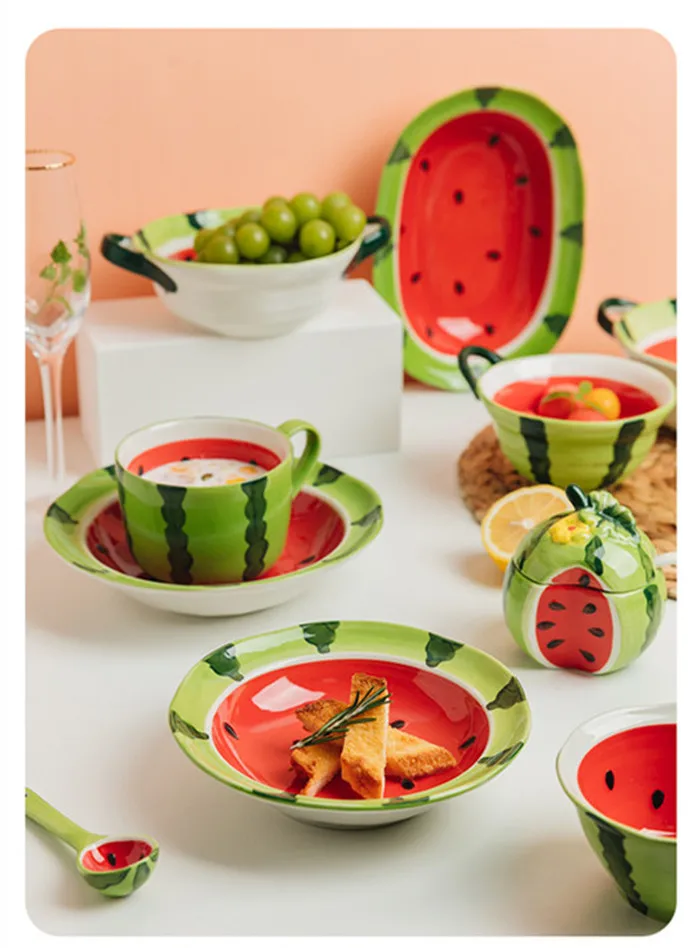 

Watermelon Bowl Ceramic Plate Set Home Ramen Cute Hand-painted Tableware Children's Rice s Kitchen Accessories