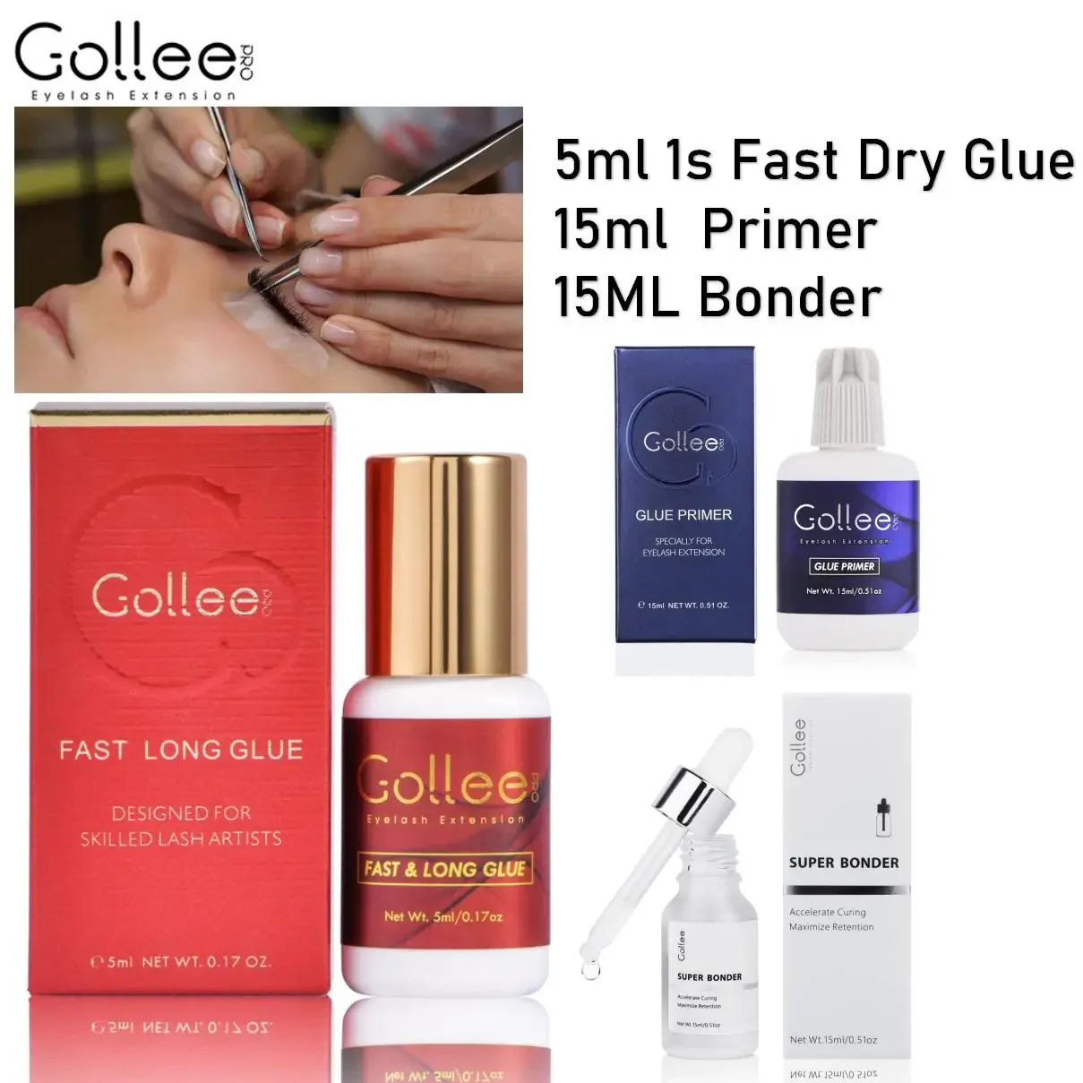 Gollee Eyelash Extension กาว & Lash Primer & Super Bonder 1 วินาทีแห้งเร็วการเก็บรักษา 6-8 สัปดาห์กาวสีดํา Professional ใช้