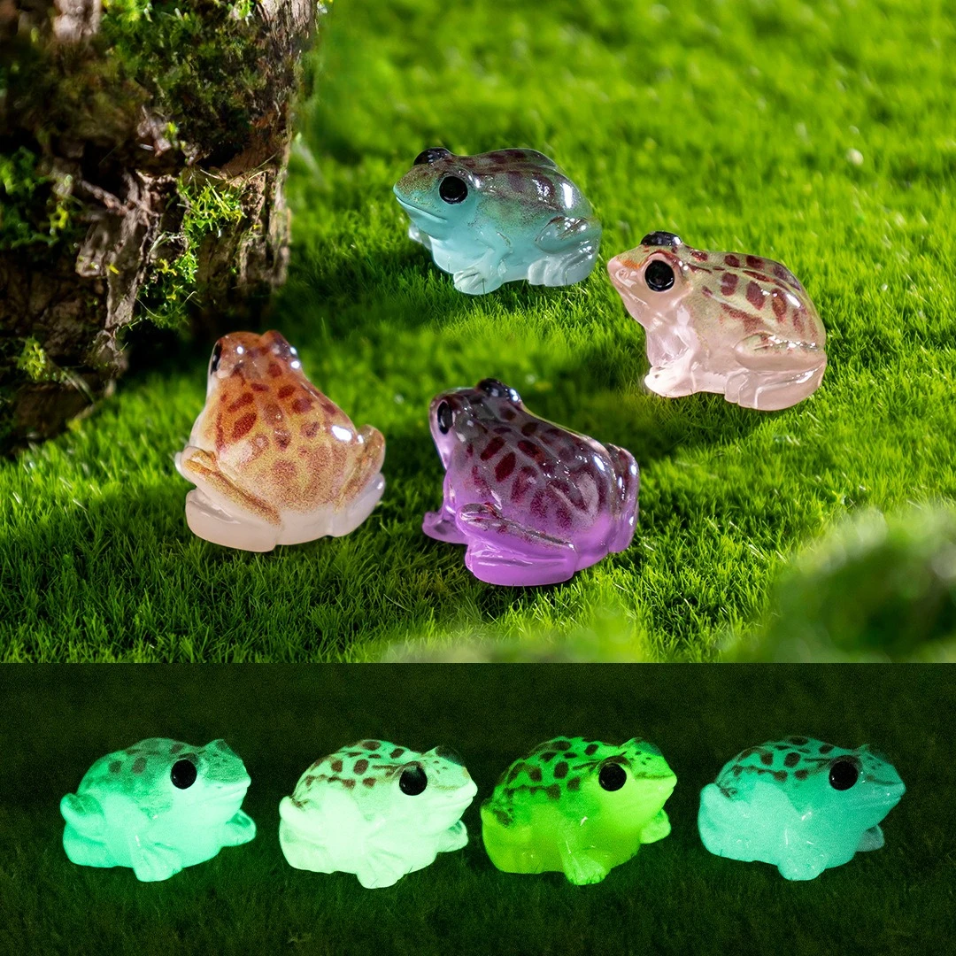 5pcsLuminous crystal frog figurine set, micro landscape decoration, fairy garden style resin miniature model