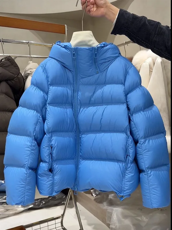 

Korean Style Hooded Thickened Bread Puff Coat Warm Casual Blue Versatile Long Sleeve Zipper Closure Pure Color Cotton Jacket