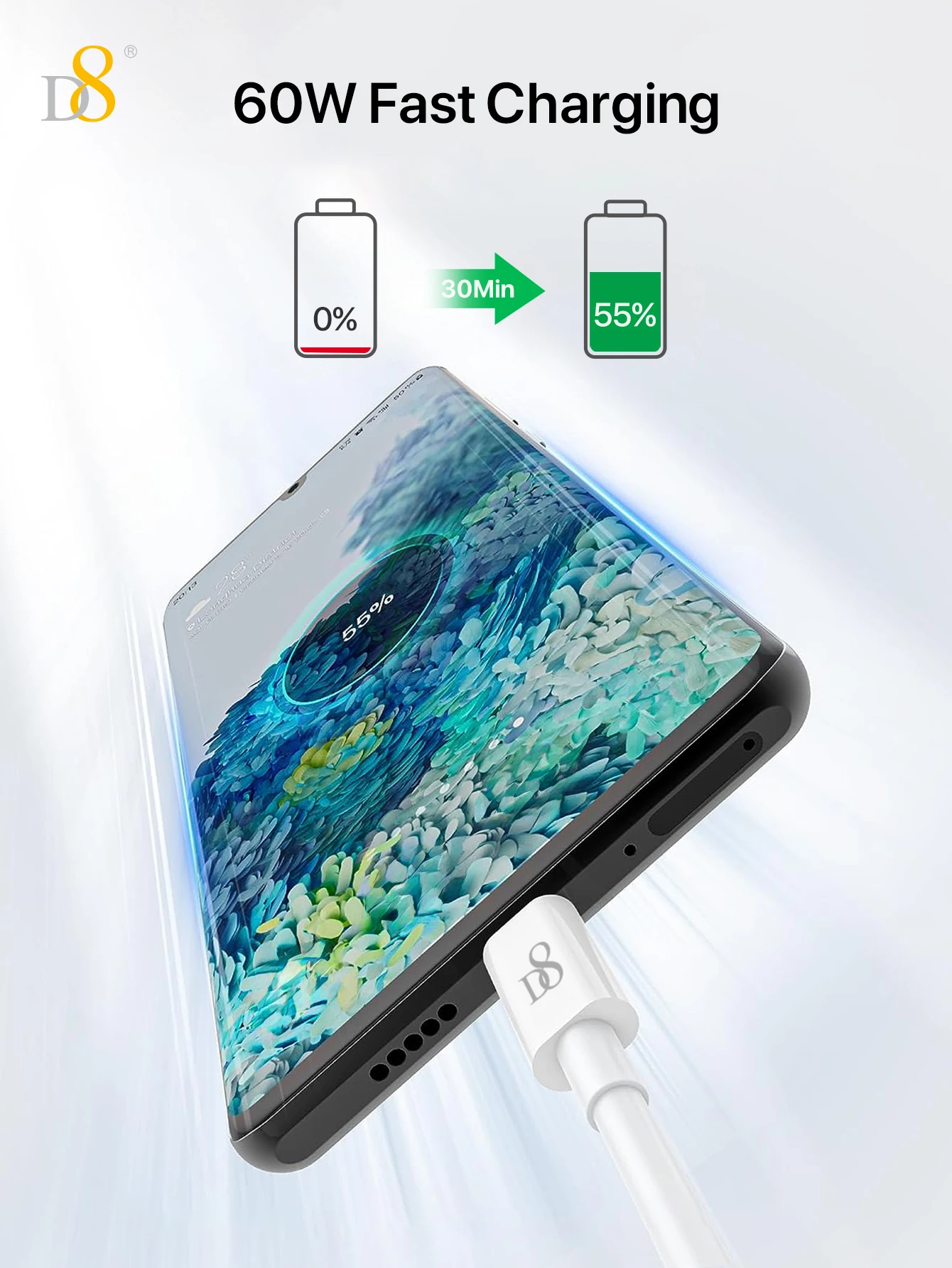 كابل D8 60W USB-C إلى USB-C، مادة TPE ناعمة، بطول 3.3 قدم و0.8 قدم مع سلسلة مفاتيح، مناسب لهاتف iPhone16/16Pro/16Pro Ma