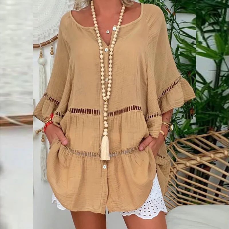 Women Summer Beach Cover Up 7 Point Bell Sleeve Linen Shirt Style Swimsuit Outwear Bikini Wrap