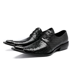 British Style Grid Pattern Men Prom Dress Oxford Shoes Pointed Toe Men Black Business Genuine Leather Shoes Men Plus Size Shoes