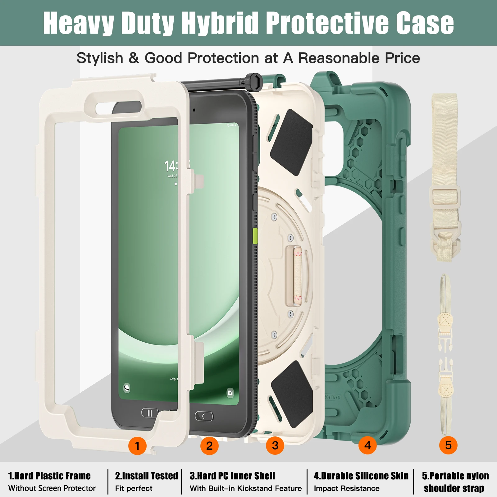 Duty PC + funda protectora de silicona para Samsung Galaxy Tab Active5 SM-X300 Active3 T570 Active 5 3 8,0 "funda con correa para el hombro