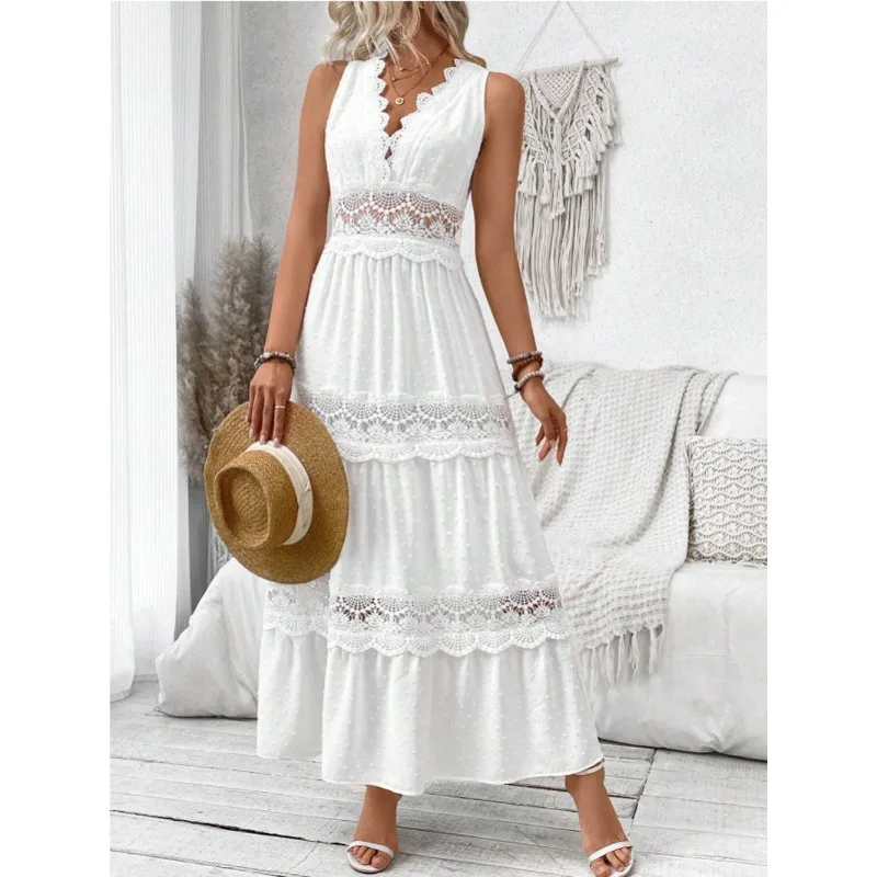 Women Casual Lace Patchwork Dress Lady Sexy V-neck Hollow Out Maxi Party Dresses Summer Sleeveless Bandage Bohemia Long Vestidos