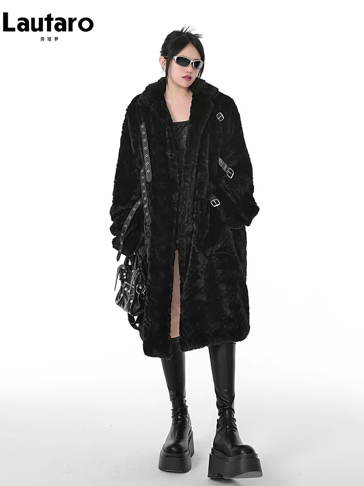 Lautaro Winter Cool Long Loose Casual Soft Thick Warm Black Fuzzy Faux Fur Coat Women Stand Collar Punk Style Fluffy Jacket 2023