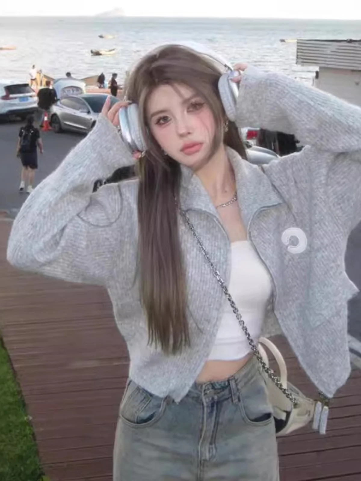 

Шикарный вязаный кардиган на молнии с высоким воротником, женский весенне-осенний топ, теплая верхняя одежда, корейский цвет Sle ey