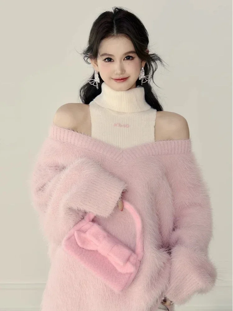 Winter Warm Pink Sweet Korean Sweaters Women Off Shoulder Sexy Elegant Pullovers Female Knitted France Vintage Y2k Sweaters 2024