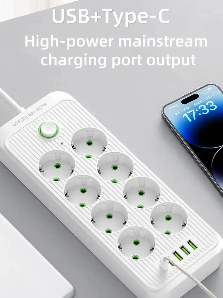 Stekkerdoos met 2M Verlengsnoer 6/8 EU Gaten 4USB Type C Poorten Universele AC Outlet Stopcontact Telefoon Veilig Opladen Adapter - afbeelding 2