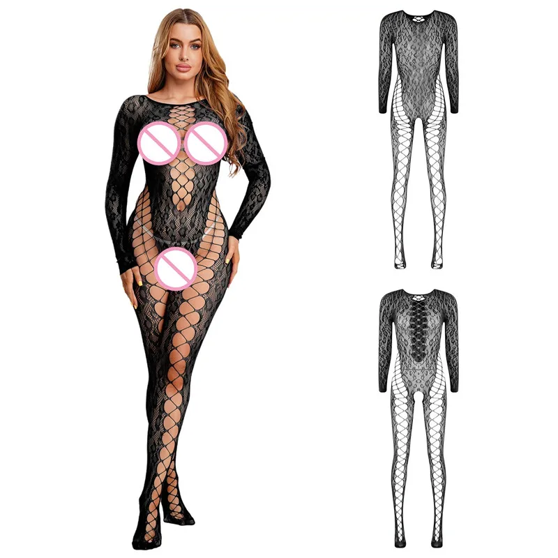 

Women Fishnet Stretchy Body-stockings Teddies Long Sleeve Open Butt Cutout Jumpsuit for Nightwear Lingerie Tempting Outfits