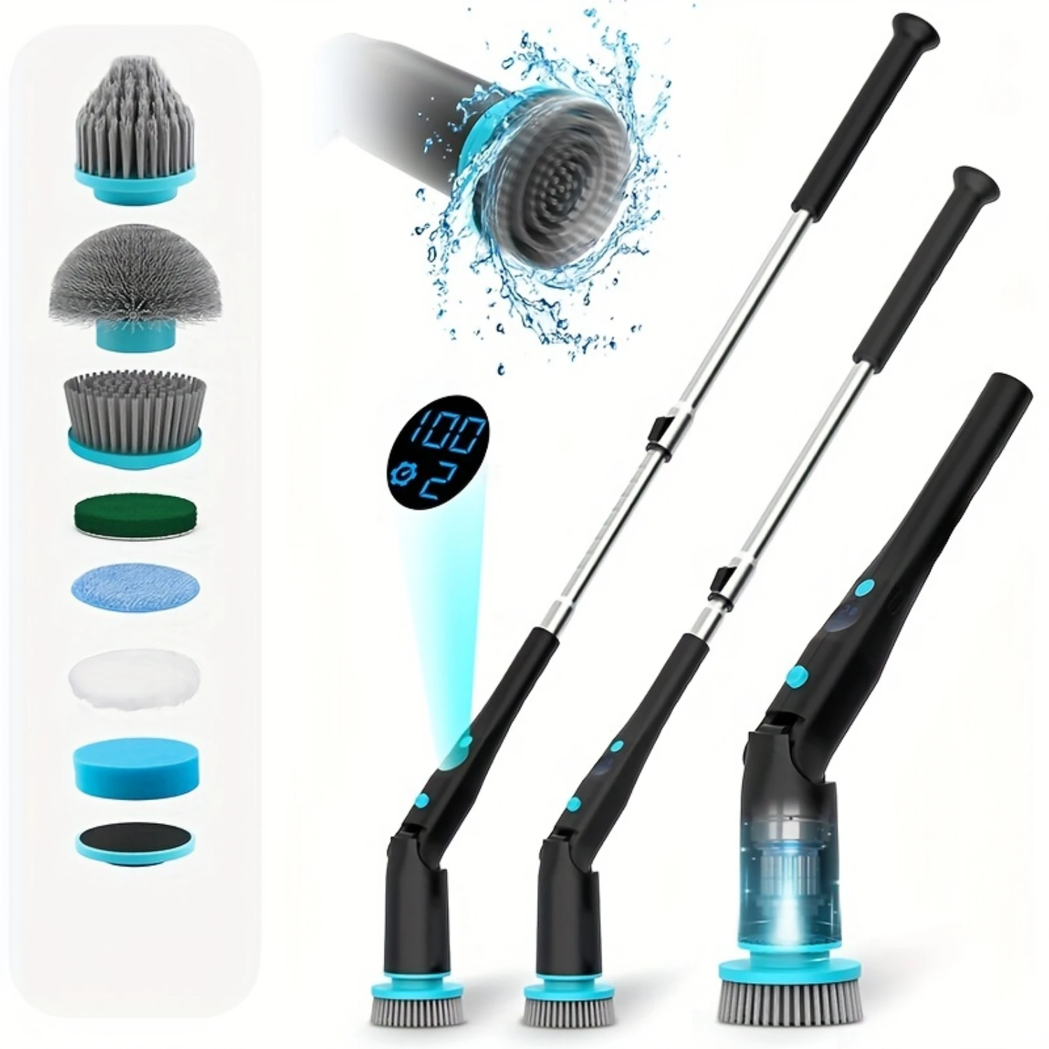 Electric Spin Scrubber with 7 Replaceable Brush Heads, Cordless Cleaning Brush with Dual Speed Power and Detachable Long Handle