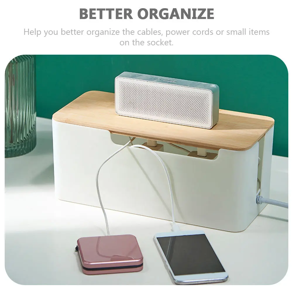 Bamboo Cover Cable Management Box Large Capacity for Power Cords Data Cables Socket Storage Easy Installation Tidy Charging