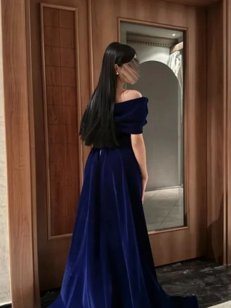 Shiny Navy Blue Prom Dresses Off Shoulder Velvet Sweetheart Floor Length Formal Evening Party Gown Cocktail Dress image 4