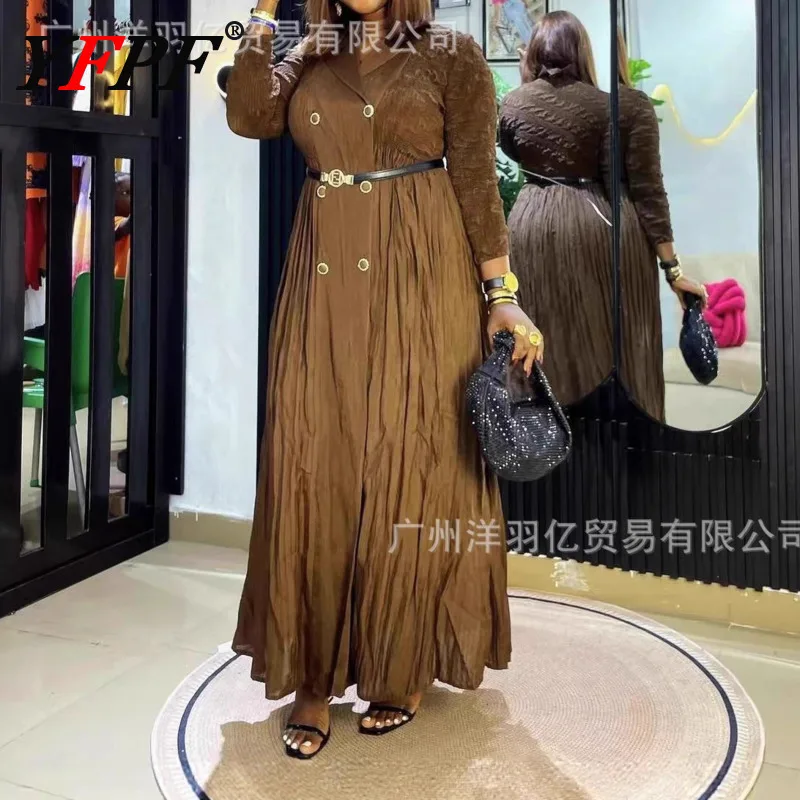 

YFPF 202, осеннее новое длинное платье, женское плиссированное платье Miyake с лацканами и двойной пуговицей, тонкие однотонные платья, элегантная одежда для вечеринок