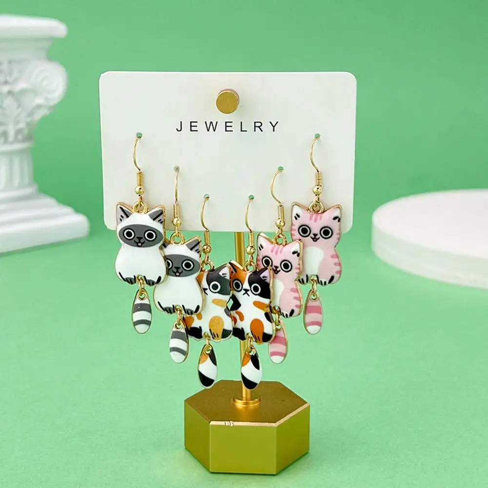 Alloy Earrings Cat Lover's Delight 3 Pairs of Cute Cartoon Cat Dangle Earrings for Daily Wear Parties Animal Theme for Women