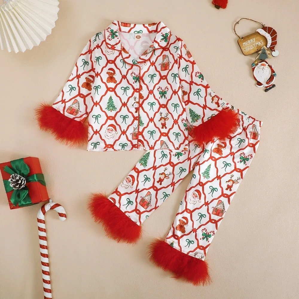Warm Christmas Style Girls Pajama Set Long Sleeve Bow Printed Childrens Loungewear Elastic Waist Pants Sleepwear Autumn Winter