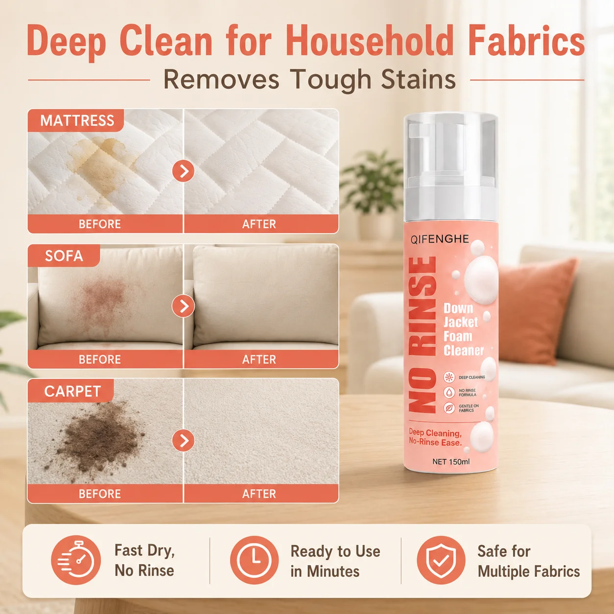 Down Jacket Foam Cleaner 150ml - Deep Stain Remover, No-Wash, Fast Dry, Multi-Surface