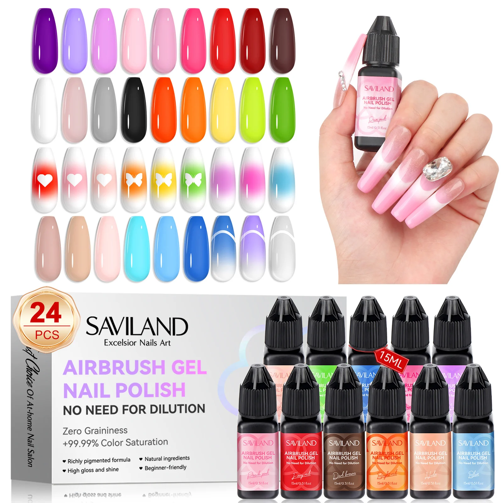 

SAVILAND Professional Airbrush Gel Polish Set 24 Colors No Dilution Needed for Layered Nail Art Gradient Designs Home Use