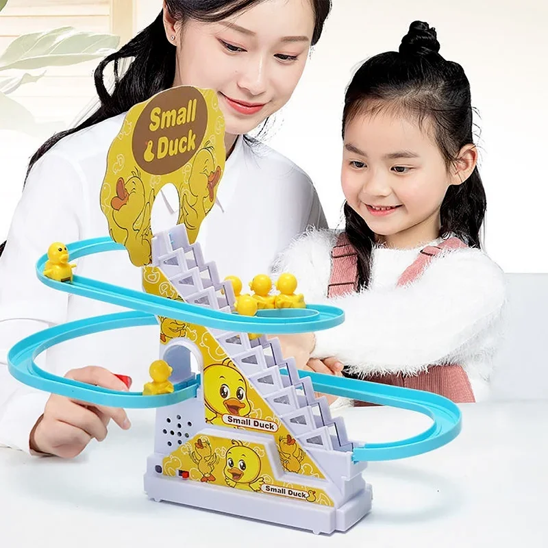 Electric Duck Climbing Stairs Toy Children Roller Coaster Toy Set Electric LED Light Music Amusement Climb Stairs Track Toy