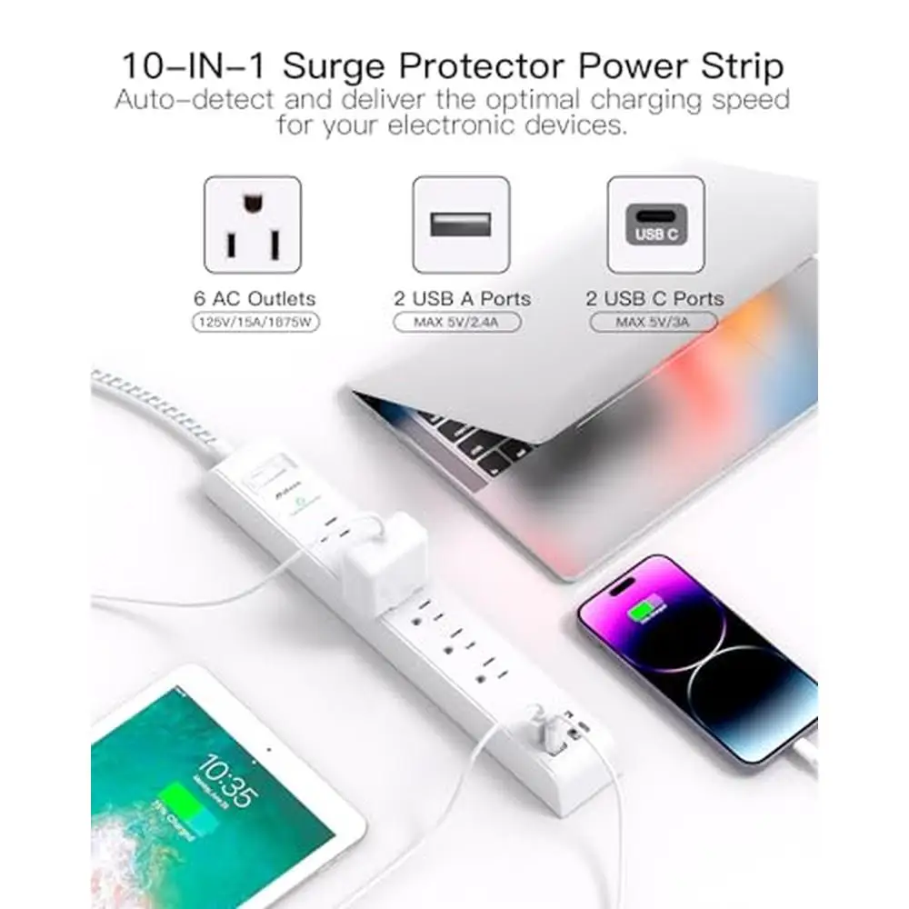 Surge Protector Power Strip 15ft Extension Cord 6 AC Outlets 4 USB Ports USB-C Charging Station Wall Green LED Protection 45°