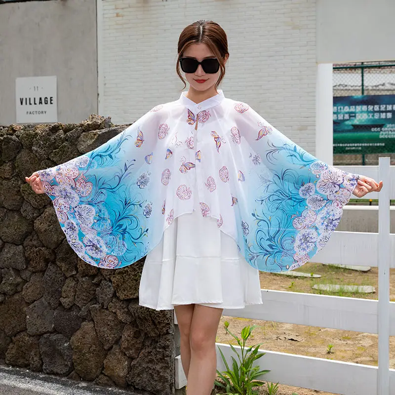 

2022 Summer Sunscreen Clothes Women Cycling Cloak Shawl Coat Chiffon Cloak Shawl Thin Style Lady Poncho Capes White