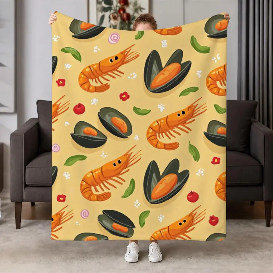 Cozy Seafood And Veggie Pattern Flannel Throw Blanket - Soft, Warm Yellow Background with Shrimp And Mussels, Ideal for Couch, Bed, Office & Travel, Perfect Gift for Friends & Family, Machine Washable 2D Flat Weighted Blanket 280GS