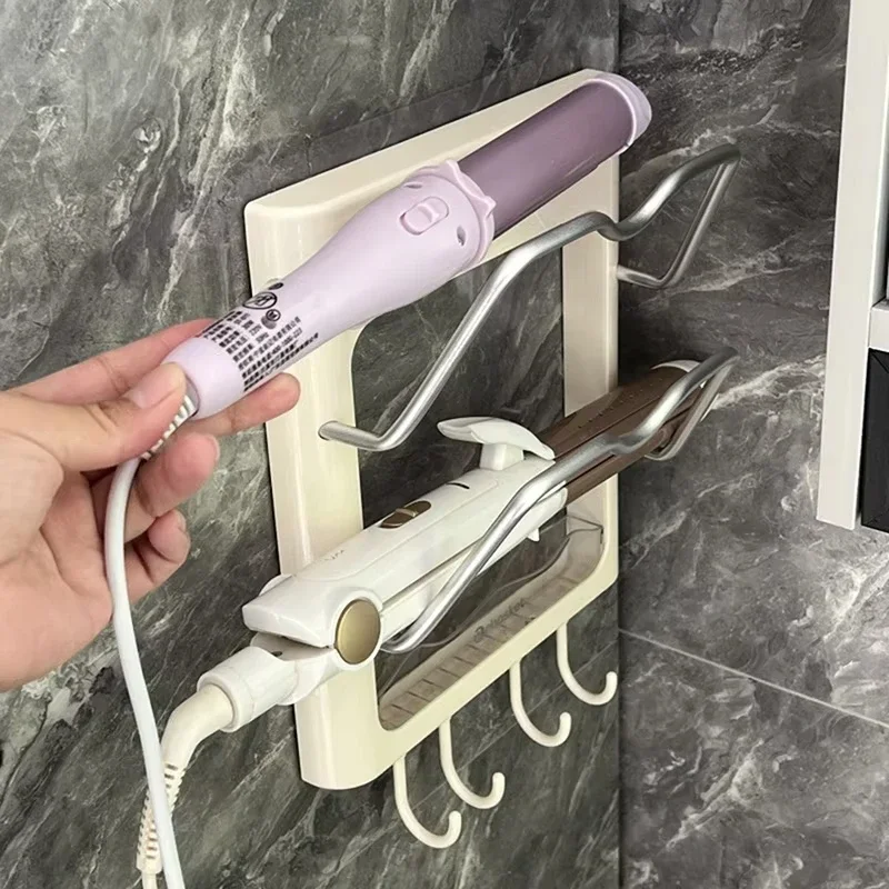 

Wall Mounted Hair Dryer Storage Rack Curling Iron Holder Bathroom Organizer Storage Shelf Bathroom No-Drilling Kitchen Lid Rack