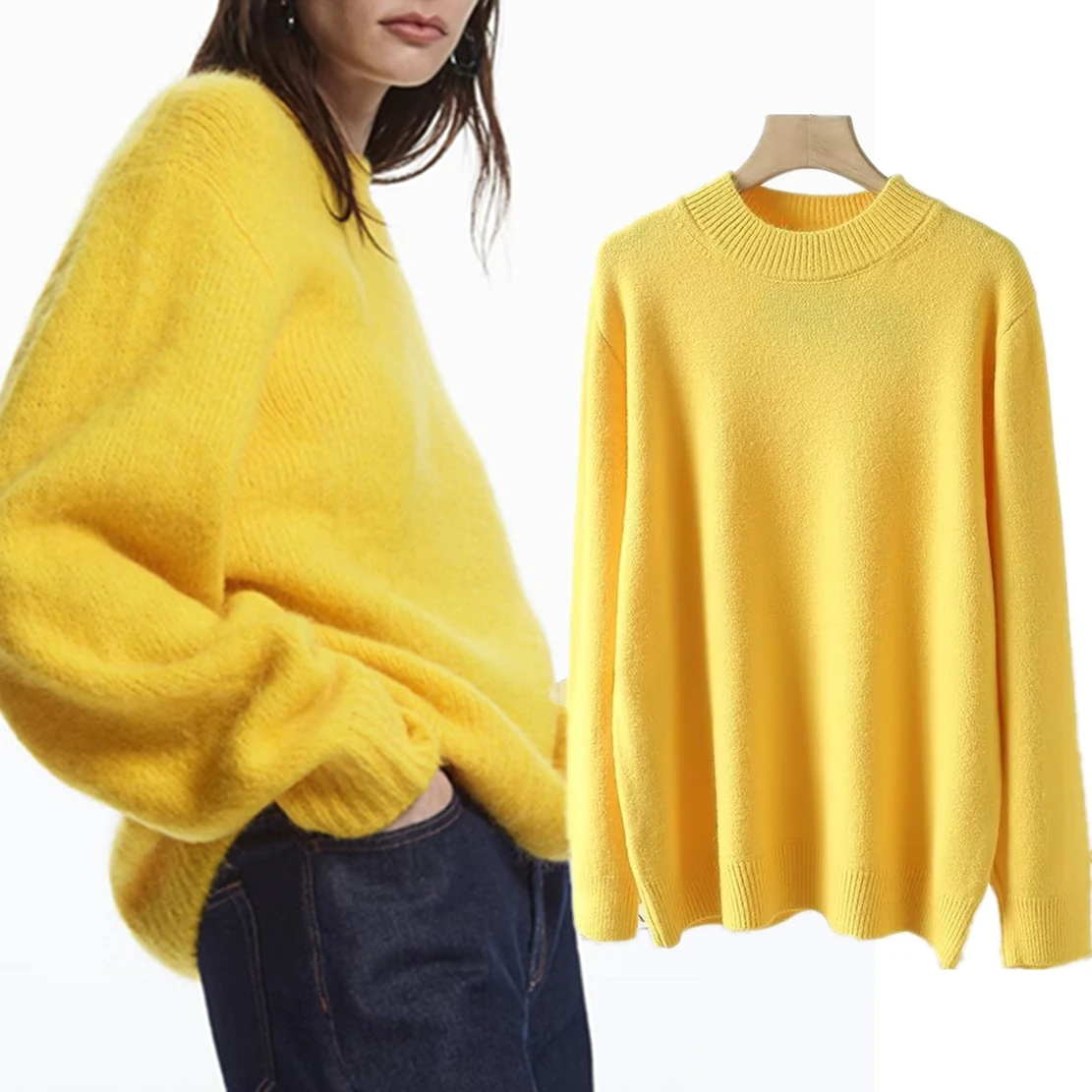 

Dave&Di Elegant Yellow Color Round Neck Wool Sweaters Women Winter Pullovers French Fashion Sweaters Tops