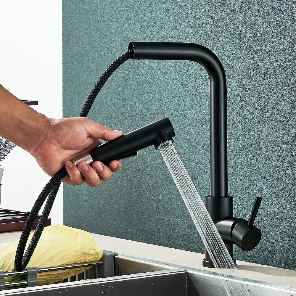 Free Shipping Black Pull Out Kitchen Sink Faucet Two Model Stream Sprayer Nozzle Stainless Steel Hot Cold Wate Mixer Tap Deck