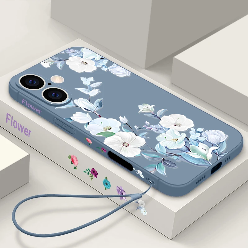 Funda con cordón de flor de peonía blanca para iPhone 16 Pro Max Coque iPhone 16e 15 Pro Max 14 13 12 11 funda suave de silicona a prueba de golpes