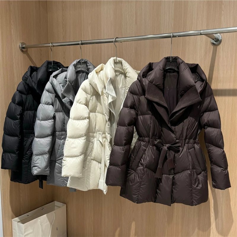 Women Winter Knit Panel Hooded Down Jacket Mid Length White Duck Down Belted Waist Elegant Casual Fashion Warm Outerwear Coat