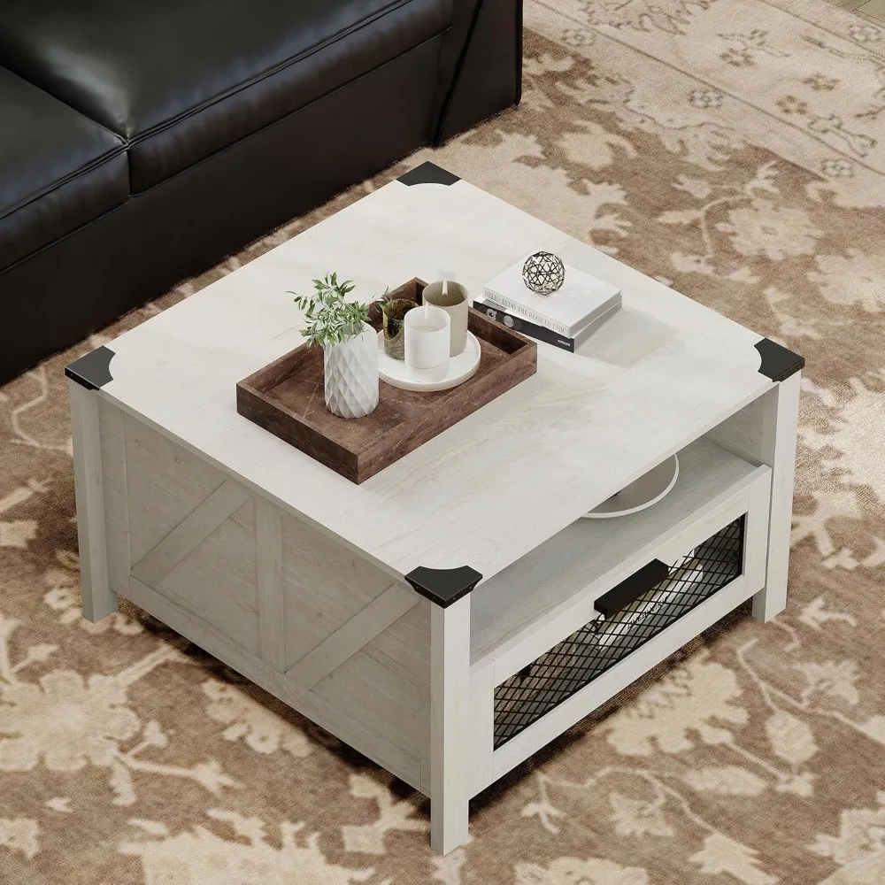 30 inch Square Coffee Table,Drawer Storage Coffee Table for Living Room,Farmhouse Accent Table with 2 Compartments Open S