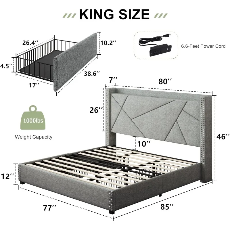 Feonase King Size Platform Bed Frame with 4 Storage Drawers, Upholstered Bed Frame with Charging Station