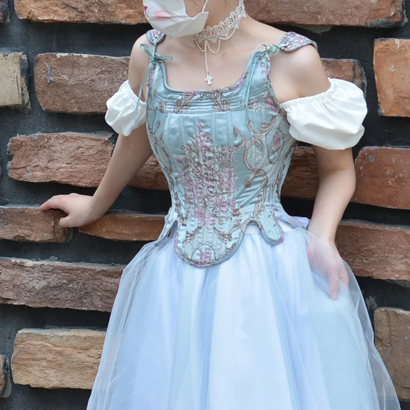 

Floral Corset Court Re-engraved Antique Embroidery Vintage Jacquard Lace Up Overbust Top Crop Women High Quality Bustier