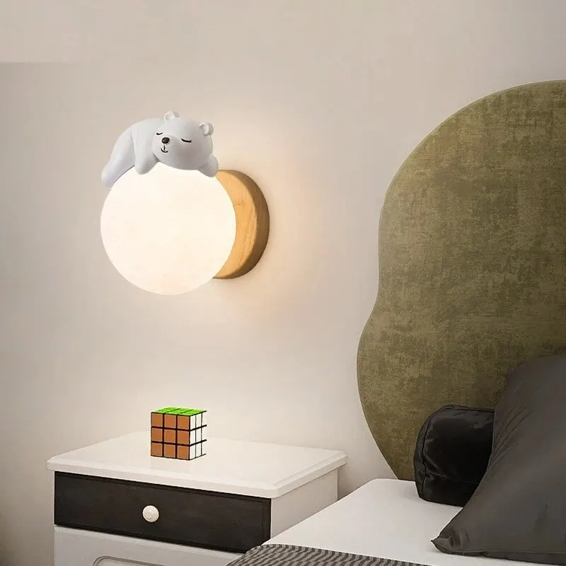 Bedside Wall Lamp Modern Creative Sleeping Bear Moon Bedroom Ambient Night Light Boys Girls Room Wall Lamps