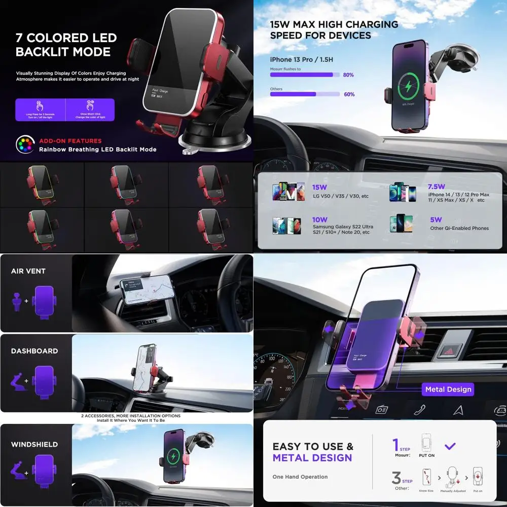 

Universal 7-Color RGB Backlit 15W Car Phone Mount for iPhone 12 Pro Max, S22 Ultra, and More
