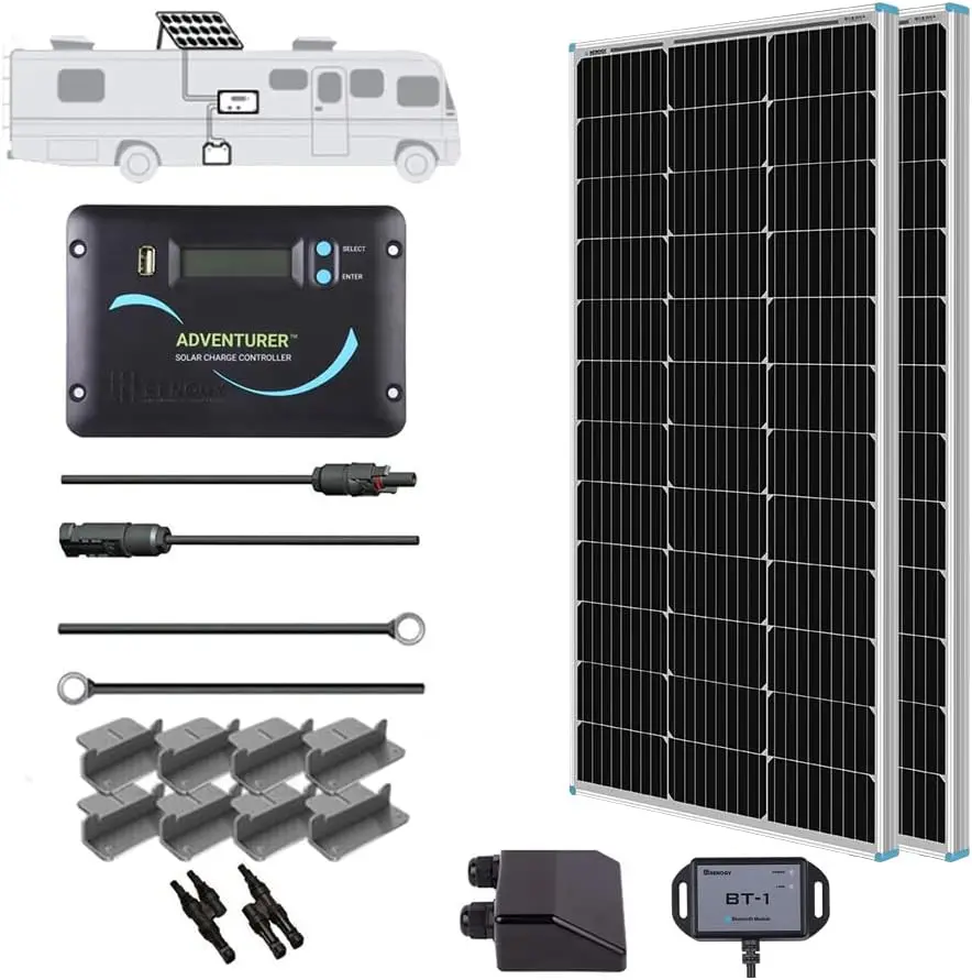 200 Watts 12 Volts Monocrystalline RV Solar Panel Kit with Adventurer 30A LCD PWM Charge Controller and Mounting Brackets