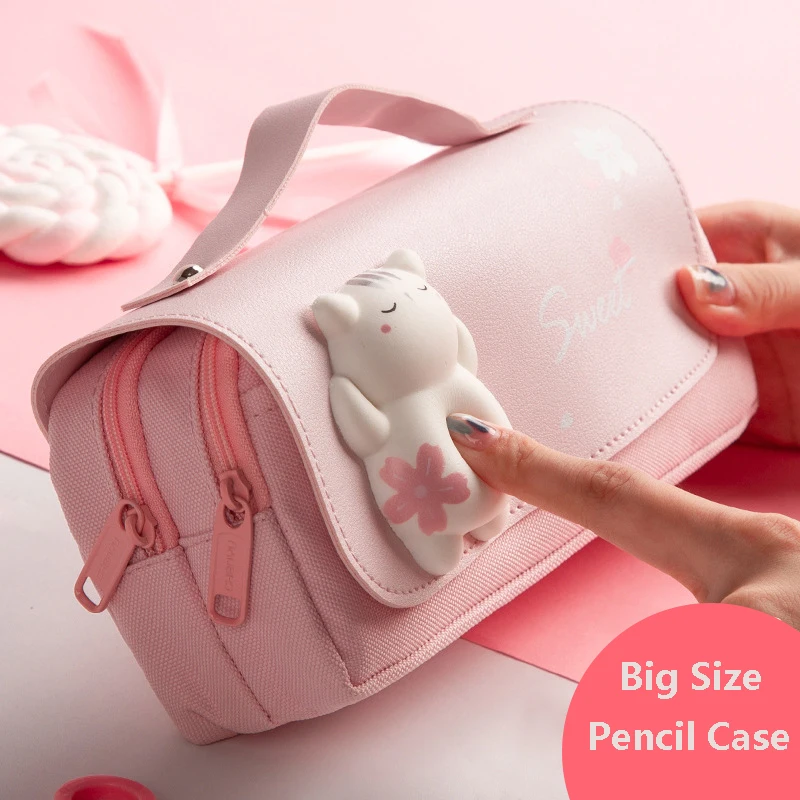 Kawaii Cat Decompression Pencil Case Large Capacity Pencil Box Double Layer Bag Portable Storage Box School Pouch Stationery