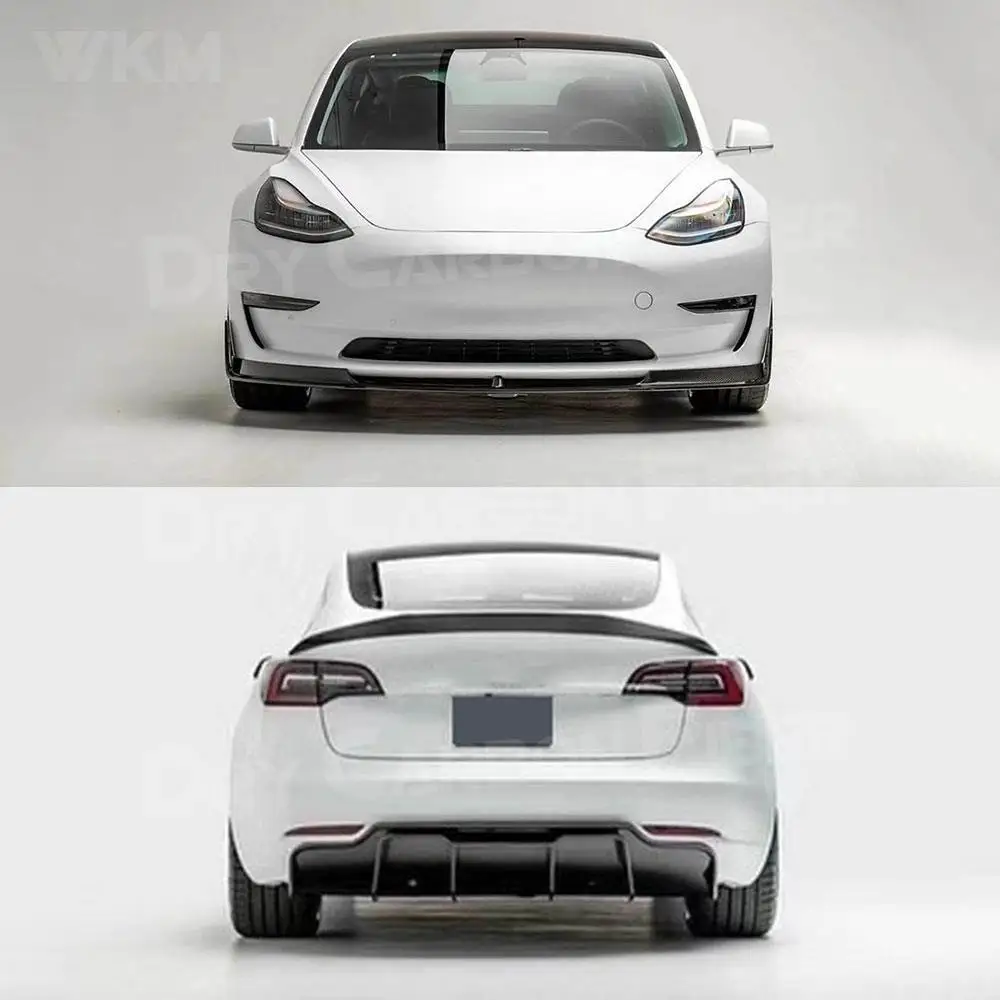 

Для Tesla Model 3 2017-2020 комплект кузова из сухого углеродного волокна, передняя губа, задний диффузор, спойлер, боковые юбки, бампер, фартуки, Стайлинг автомобиля