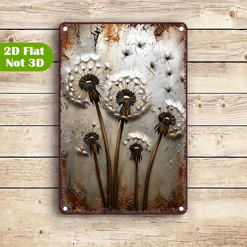 2D Flat 1Pcs Dandelion Pattern Metal Tin Sign, Botanical Theme Decorative Plaque 20x30cm, Wall Art Decor for Home Cafe, Gift Orn