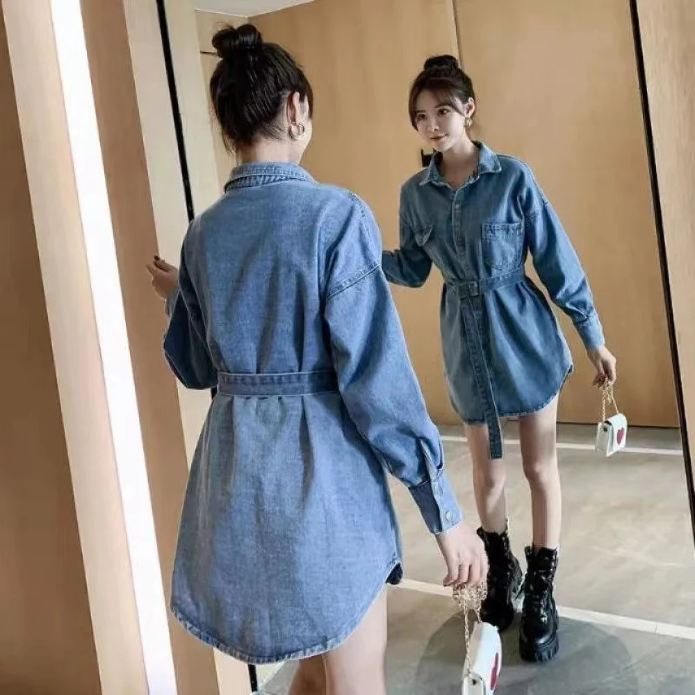 Women's Long Sleeve Denim Dress Autumn 2024 New Loose Korean Versatile Slim Shirt Dresses Retro Mid-length Denim Jacket