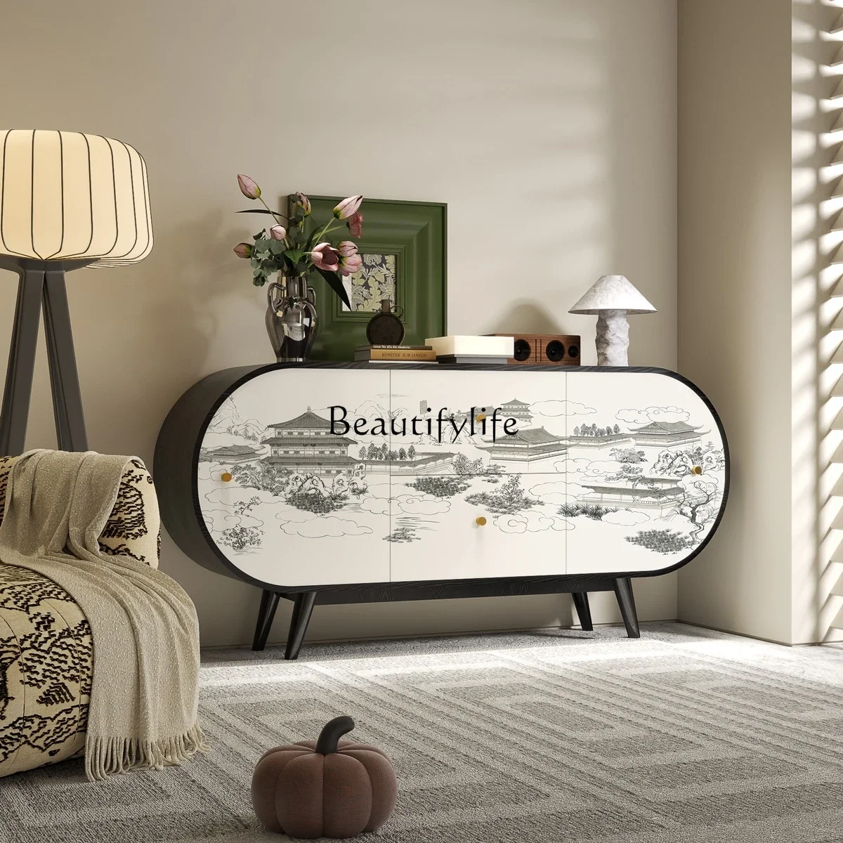 

yj21 New Chinese-style solid wood oval entrance cabinet against the wall, living room room shoe cabinet